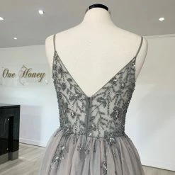 NEW ARRIVALS Honey Couture VIOLET Grey Tulle Crystal Beaded Formal Dress