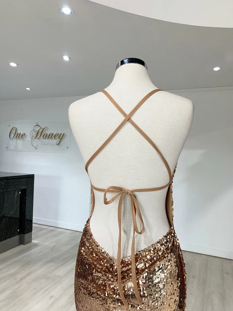 Honey Couture LIBERTY Gold Sequin Lace Up Formal Dress 12 Honey Couture LIBERTY Gold Sequin Lace Up Formal Dress