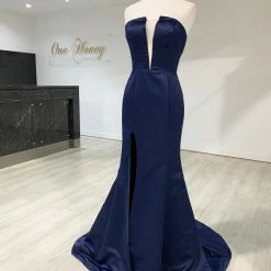 Honey Couture Made To Your Measurements Honey Couture MISHAYLA Strapless Mermaid Train W Leg Split Formal Dress NEW ARRIVALS