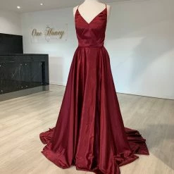 Honey Couture Made To Your Measurements NEW ARRIVALS Honey Couture NIKOLINA Satin V Front Lace Up Back Made To Order Formal Dress