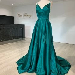 Honey Couture Made To Your Measurements NEW ARRIVALS Honey Couture NIKOLINA Satin V Front Lace Up Back Made To Order Formal Dress