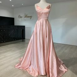 Honey Couture Made To Your Measurements NEW ARRIVALS Honey Couture NIKOLINA Satin V Front Lace Up Back Made To Order Formal Dress