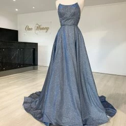 Honey Couture Made To Your Measurements Honey Couture HARRIETT Glitter Fabric Lace Up Back Formal Dress NEW ARRIVALS