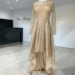 Honey Couture SOPHIA Gold Long Sleeve High Low Formal Dress