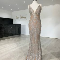 Honey Couture NEVE Silver/Nude Glitter Formal Gown Dress