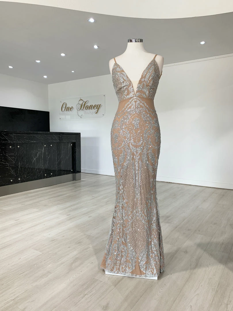 Honey Couture NEVE Silver/Nude Glitter Formal Gown Dress 3 Honey Couture NEVE Silver/Nude Glitter Formal Gown Dress