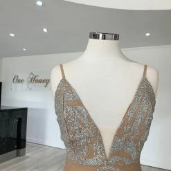 Honey Couture NEVE Silver/Nude Glitter Formal Gown Dress 8 Honey Couture NEVE Silver/Nude Glitter Formal Gown Dress