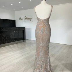 Honey Couture NEVE Silver/Nude Glitter Formal Gown Dress