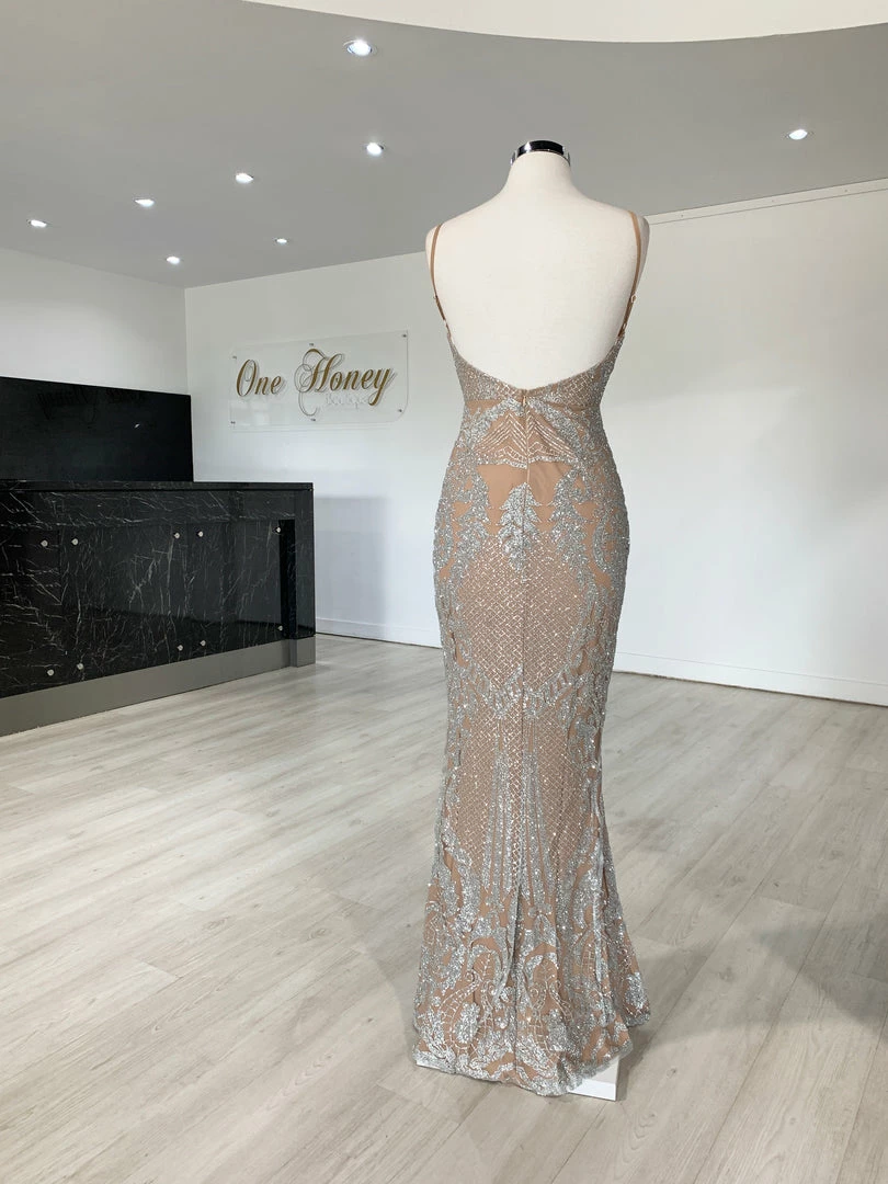Honey Couture NEVE Silver/Nude Glitter Formal Gown Dress 4 Honey Couture NEVE Silver/Nude Glitter Formal Gown Dress