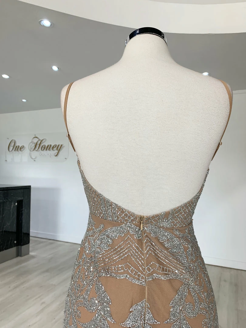 Honey Couture NEVE Silver/Nude Glitter Formal Gown Dress 6 Honey Couture NEVE Silver/Nude Glitter Formal Gown Dress