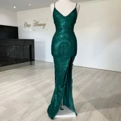 NEW ARRIVALS Honey Couture LUZ Emerald Green Lace Up Sequin Formal Gown Dress