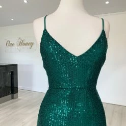 NEW ARRIVALS Honey Couture LUZ Emerald Green Lace Up Sequin Formal Gown Dress