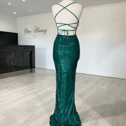 NEW ARRIVALS Honey Couture LUZ Emerald Green Lace Up Sequin Formal Gown Dress