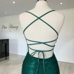 NEW ARRIVALS Honey Couture LUZ Emerald Green Lace Up Sequin Formal Gown Dress
