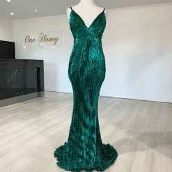 Honey Couture ROSALIE Green Black Low Back Sequin Formal Gown Dress NEW ARRIVALS