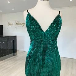 Honey Couture ROSALIE Green Black Low Back Sequin Formal Gown Dress NEW ARRIVALS