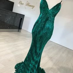 Honey Couture ROSALIE Green Black Low Back Sequin Formal Gown Dress NEW ARRIVALS