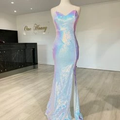 NEW ARRIVALS Honey Couture AMETHYST Iridescent Silver Mermaid Evening Gown Dress