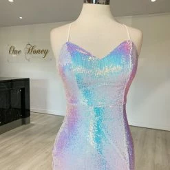 NEW ARRIVALS Honey Couture AMETHYST Iridescent Silver Mermaid Evening Gown Dress