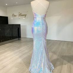 NEW ARRIVALS Honey Couture AMETHYST Iridescent Silver Mermaid Evening Gown Dress