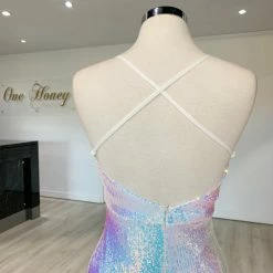 NEW ARRIVALS Honey Couture AMETHYST Iridescent Silver Mermaid Evening Gown Dress