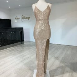 NEW ARRIVALS Honey Couture LUZ Champagne Gold Lace Up Sequin Formal Gown Dress 12 NEW ARRIVALS Honey Couture LUZ Champagne Gold Lace Up Sequin Formal Gown Dress
