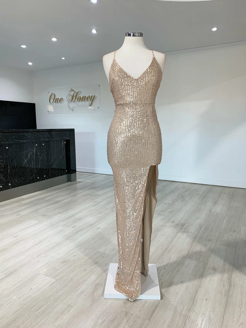 NEW ARRIVALS Honey Couture LUZ Champagne Gold Lace Up Sequin Formal Gown Dress 6 NEW ARRIVALS Honey Couture LUZ Champagne Gold Lace Up Sequin Formal Gown Dress