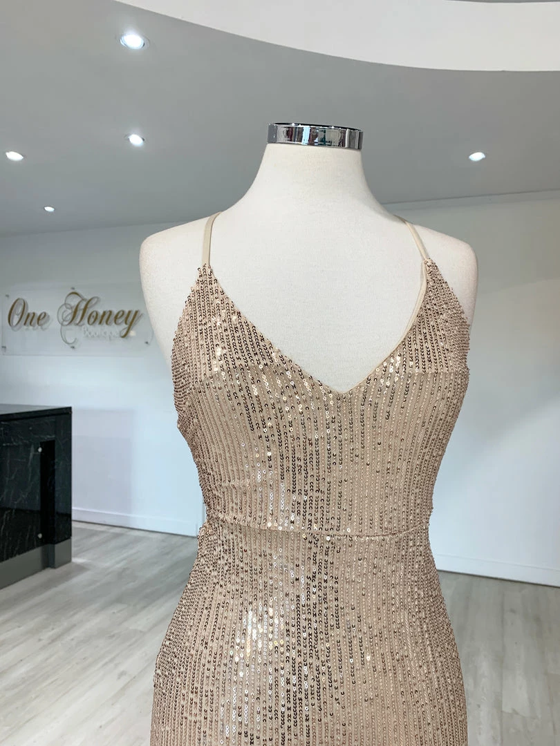 NEW ARRIVALS Honey Couture LUZ Champagne Gold Lace Up Sequin Formal Gown Dress 9 NEW ARRIVALS Honey Couture LUZ Champagne Gold Lace Up Sequin Formal Gown Dress