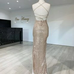 NEW ARRIVALS Honey Couture LUZ Champagne Gold Lace Up Sequin Formal Gown Dress 13 NEW ARRIVALS Honey Couture LUZ Champagne Gold Lace Up Sequin Formal Gown Dress
