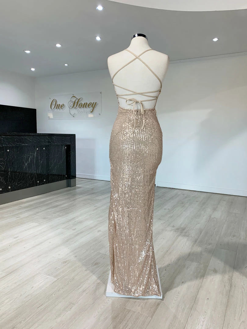 NEW ARRIVALS Honey Couture LUZ Champagne Gold Lace Up Sequin Formal Gown Dress 7 NEW ARRIVALS Honey Couture LUZ Champagne Gold Lace Up Sequin Formal Gown Dress