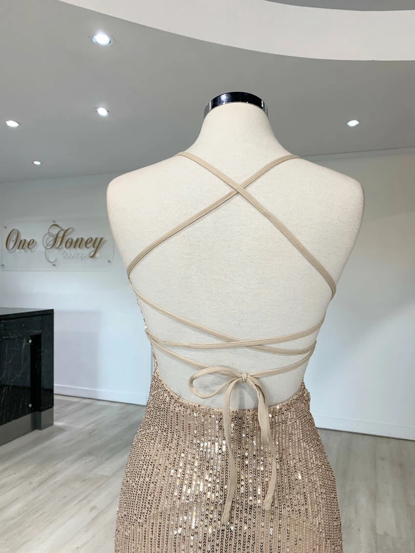 NEW ARRIVALS Honey Couture LUZ Champagne Gold Lace Up Sequin Formal Gown Dress 8 NEW ARRIVALS Honey Couture LUZ Champagne Gold Lace Up Sequin Formal Gown Dress