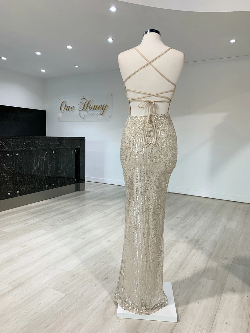 NEW ARRIVALS Honey Couture LUZ Silver Lace Up Sequin Formal Gown Dress 6 NEW ARRIVALS Honey Couture LUZ Silver Lace Up Sequin Formal Gown Dress