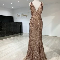 One Honey Boutique NEW ARRIVALS Honey Couture YASMIN Rose Gold Sequin Formal Gown
