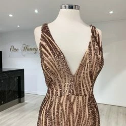 One Honey Boutique NEW ARRIVALS Honey Couture YASMIN Rose Gold Sequin Formal Gown