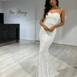 Honey Couture LA ROSA White Strapless Sequin Evening Gown Dress