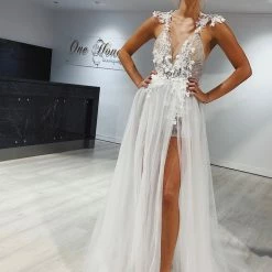 Honey Couture SOPHIA White Tulle Glitter Bodysuit Formal Dress