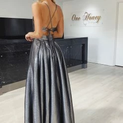 Honey Couture TAZMIN Gunmetal Metallic Silver Formal Gown