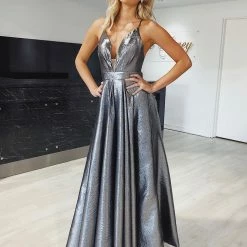 Honey Couture TAZMIN Gunmetal Metallic Silver Formal Gown
