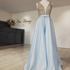 Honey Couture Made To Your Measurements Honey Couture BROYN Silver Diamante Front Princess Ball Formal Gown Dress
