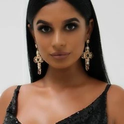 Honey Couture Jewellery ACCESSORIES Honey Couture Purple & Gold Oversized Cross Statement Earrings