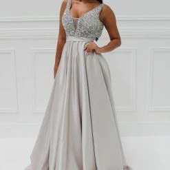 Honey Couture Made To Your Measurements Honey Couture BROYN Silver Diamante Front Princess Ball Formal Gown Dress