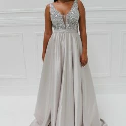 Honey Couture Made To Your Measurements Honey Couture BROYN Silver Diamante Front Princess Ball Formal Gown Dress
