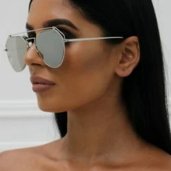 Honey Couture Sunglasses ACCESSORIES Honey Couture AMY Silver On Silver Mirror Lense Aviator Sunglasses