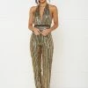 Honey Couture ANICE Black Gold Sequin Halter Jumpsuit