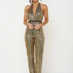 Honey Couture ANICE Black Gold Sequin Halter Jumpsuit