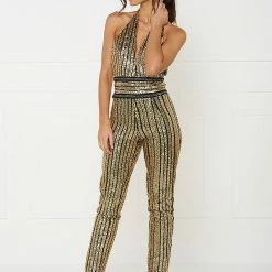 Honey Couture ANICE Black Gold Sequin Halter Jumpsuit