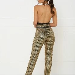 Honey Couture ANICE Black Gold Sequin Halter Jumpsuit