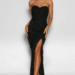 Jadore JX2033 Strapless Black Fringing Tassel Sequin Formal Dress