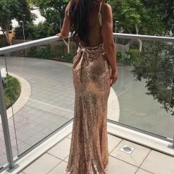NEW ARRIVALS Honey Couture KRISTY Gold Low Back Bow Sequin Formal Gown Dress