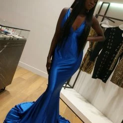 Honey Couture KYLEE Blue Mermaid Trumpet Low Back Formal Gown